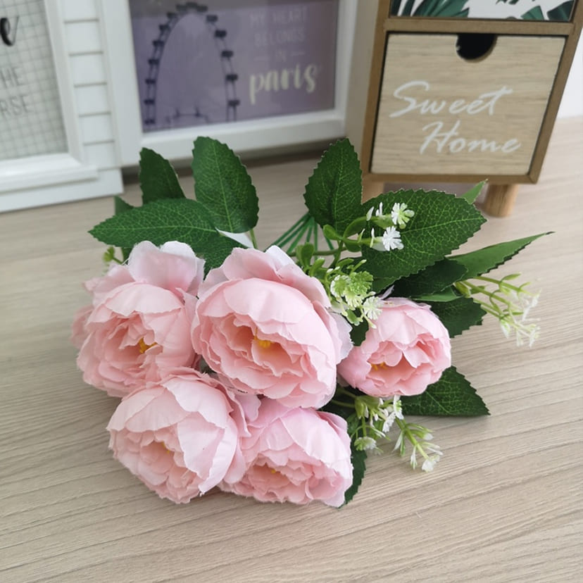 Искусственные цветы в Москве | Цветы искусственные «Минипиончики с гипсофилой», нежно-розовые, букет